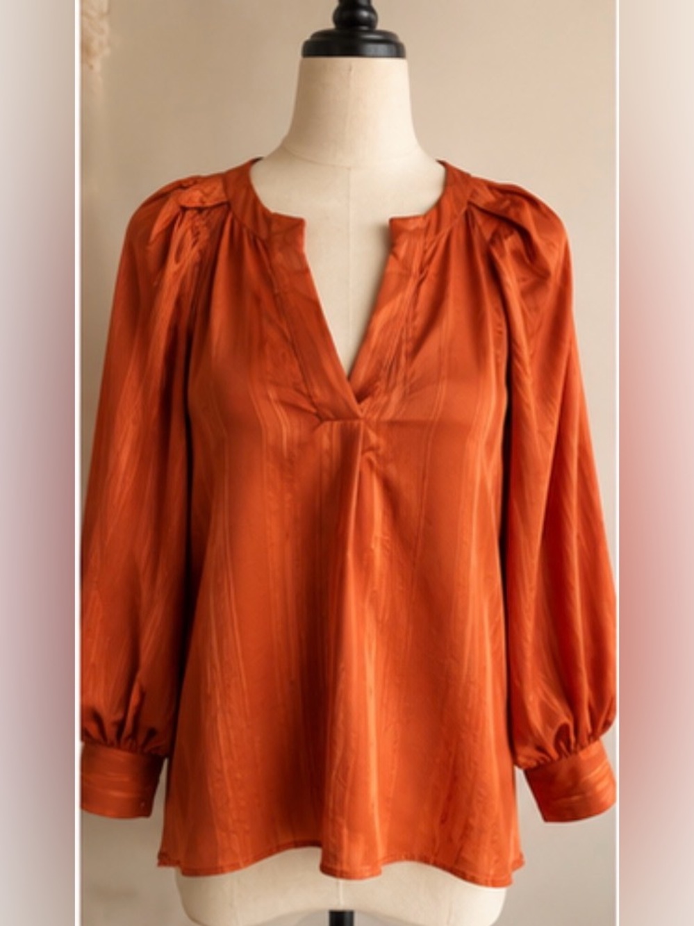 NWOT Umgee Sample Burnt Orange Satin Balloon Sleeve Blouse Est M 70s Boho